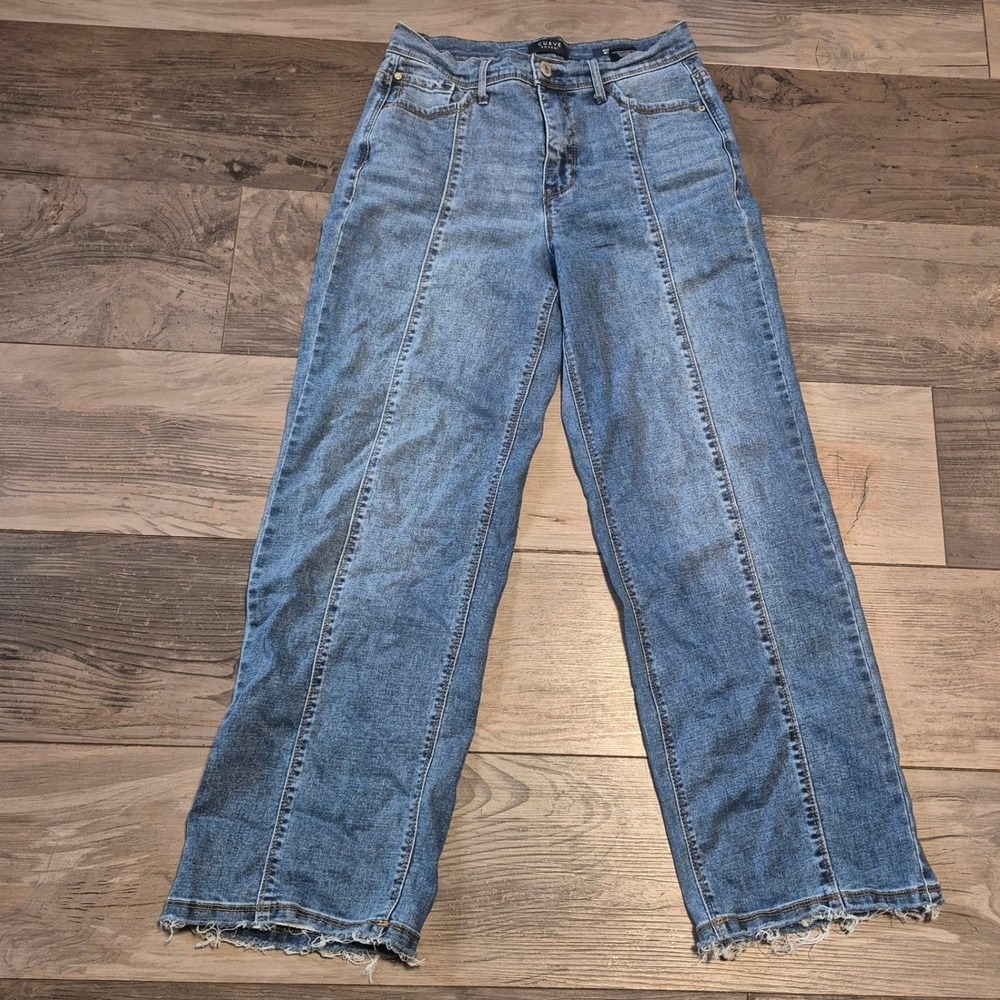 Curve Appeal High Rise Wide Leg Seam Front Raw Hem Jeans Blue Medium Wash 4/27